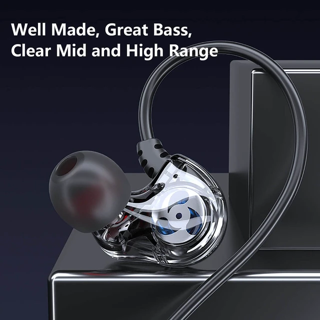 Alt view image 5 of 7 - Holiper Dual Driver Wired Headphones 3.5mm Jack Earphones Plug in Ear Buds | Extra bass earbuds, wrap around over ear, hifi, microphone, hook, sport, running, aux, braided cable, noise isolation, cord