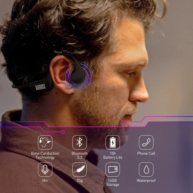 Alt view image 2 of 7 - August EP400 Bone Conduction Headphones Open Ear IP68 Waterproof 16GB MP3 | Bluetooth 5.3, Built-in Microphone, Titanium Frame, Lightweight Wireless Headphones for Running, Cycling, Hiking & Sports