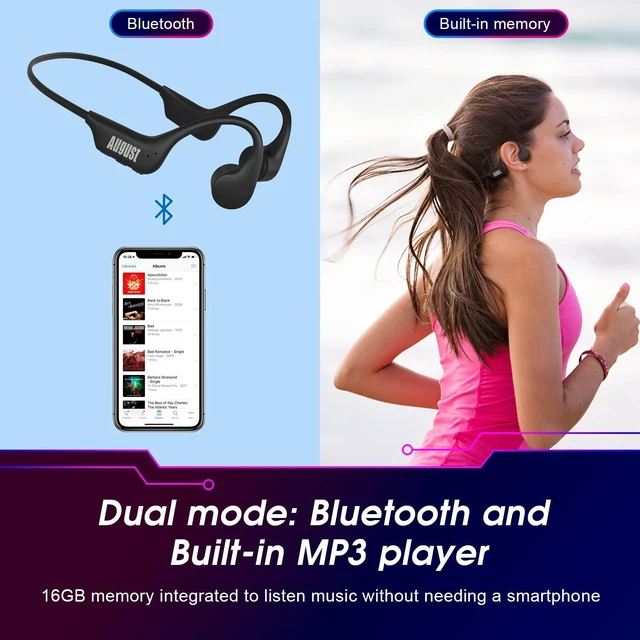 Alt view image 3 of 7 - August EP400 Bone Conduction Headphones Open Ear IP68 Waterproof 16GB MP3 | Bluetooth 5.3, Built-in Microphone, Titanium Frame, Lightweight Wireless Headphones for Running, Cycling, Hiking & Sports