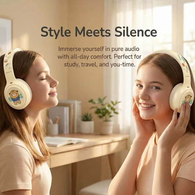 Alt view image 2 of 7 - wocdwocd Cute Cartoon Foldable Over Ear Headphones for Kids Girls & Women, Hybrid ANC Wireless Bluetooth 5.4 with Mic, 60H Playtime, Ideal School Study Travel Gift Milky