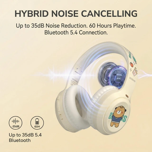 Alt view image 5 of 7 - wocdwocd Cute Cartoon Foldable Over Ear Headphones for Kids Girls & Women, Hybrid ANC Wireless Bluetooth 5.4 with Mic, 60H Playtime, Ideal School Study Travel Gift Milky