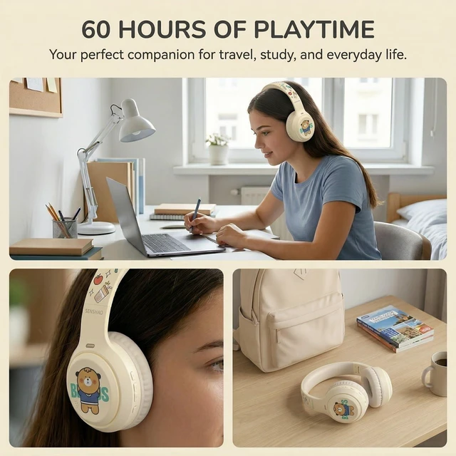 Alt view image 4 of 7 - wocdwocd Cute Cartoon Foldable Over Ear Headphones for Kids Girls & Women, Hybrid ANC Wireless Bluetooth 5.4 with Mic, 60H Playtime, Ideal School Study Travel Gift Milky
