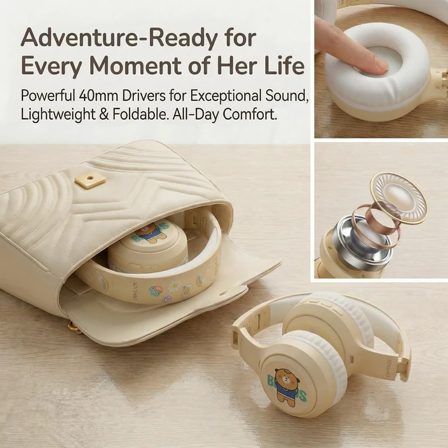 Alt view image 6 of 7 - wocdwocd Cute Cartoon Foldable Over Ear Headphones for Kids Girls & Women, Hybrid ANC Wireless Bluetooth 5.4 with Mic, 60H Playtime, Ideal School Study Travel Gift Milky