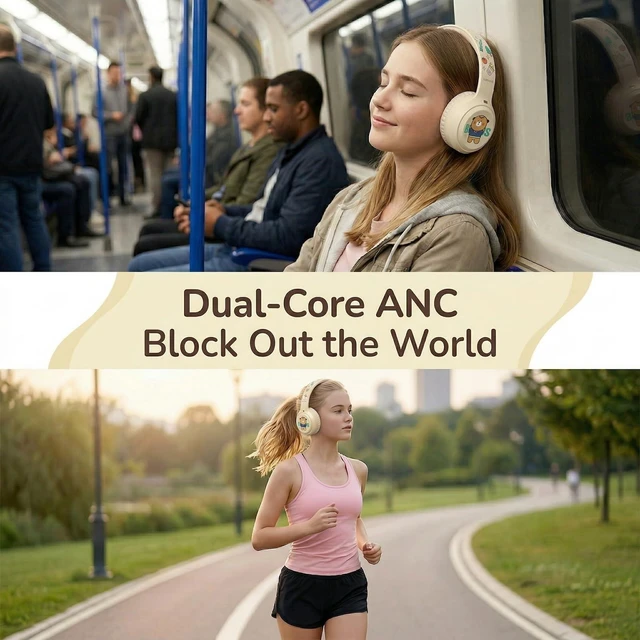 Alt view image 7 of 7 - wocdwocd Cute Cartoon Foldable Over Ear Headphones for Kids Girls & Women, Hybrid ANC Wireless Bluetooth 5.4 with Mic, 60H Playtime, Ideal School Study Travel Gift Milky
