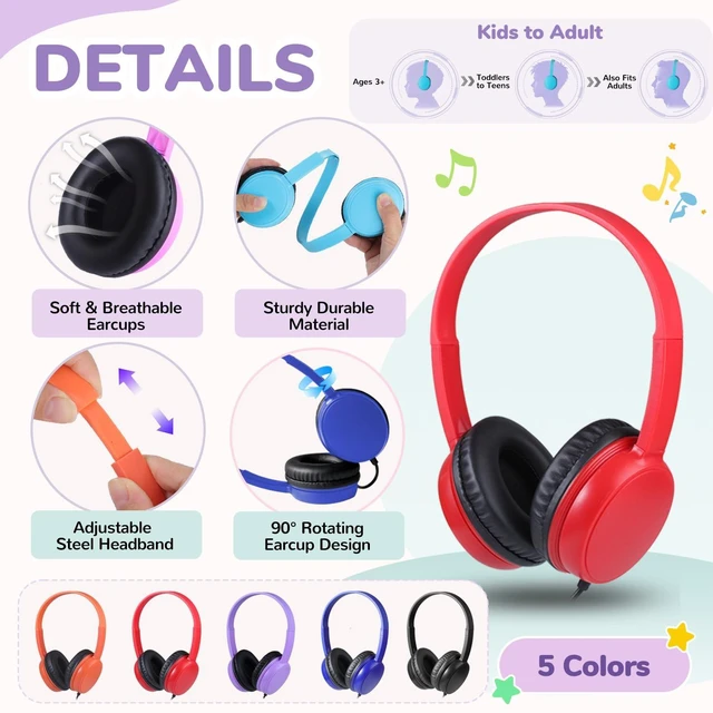 Alt view image 2 of 7 - Auolexs Kids Headphones Bulk 5 Pack for School Classroom, Color Varieties | On-Ear Adjustable Wired Headset, 3.5mm Jack, Comfortable Fit | Student Supplies for Tablets Chromebook & PC (YT30, 5 Mixed)