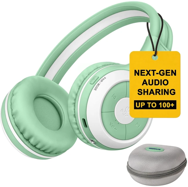 Main image of SIMOLIO Manyshare Kids Bluetooth Headphones w/Case & Mic for School, Green | Share Audio with 100+ SIMOLIO Auracast-enabled Headphones for Group Listening. Ideal for Kids, School, Travel and Tablets