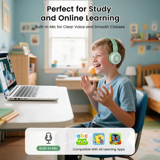 Alt view image 5 of 7 - SIMOLIO Manyshare Kids Bluetooth Headphones w/Case & Mic for School, Green | Share Audio with 100+ SIMOLIO Auracast-enabled Headphones for Group Listening. Ideal for Kids, School, Travel and Tablets