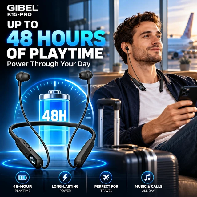 Alt view image 2 of 7 - Gibel K15-PRO Wireless Neckband Headphones, Black | 48H Battery life ,NC Noise-Canceling Call Mic Quality, Fit Designed for Long Shifts in Warehouse, Sports, Work, and Travel.