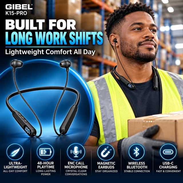Alt view image 3 of 7 - Gibel K15-PRO Wireless Neckband Headphones, Black | 48H Battery life ,NC Noise-Canceling Call Mic Quality, Fit Designed for Long Shifts in Warehouse, Sports, Work, and Travel.