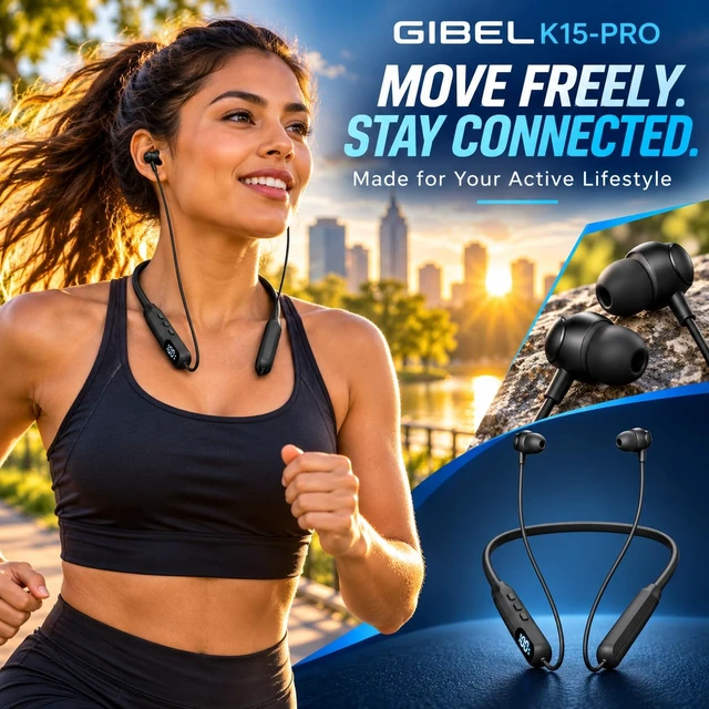 Alt view image 5 of 7 - Gibel K15-PRO Wireless Neckband Headphones, Black | 48H Battery life ,NC Noise-Canceling Call Mic Quality, Fit Designed for Long Shifts in Warehouse, Sports, Work, and Travel.