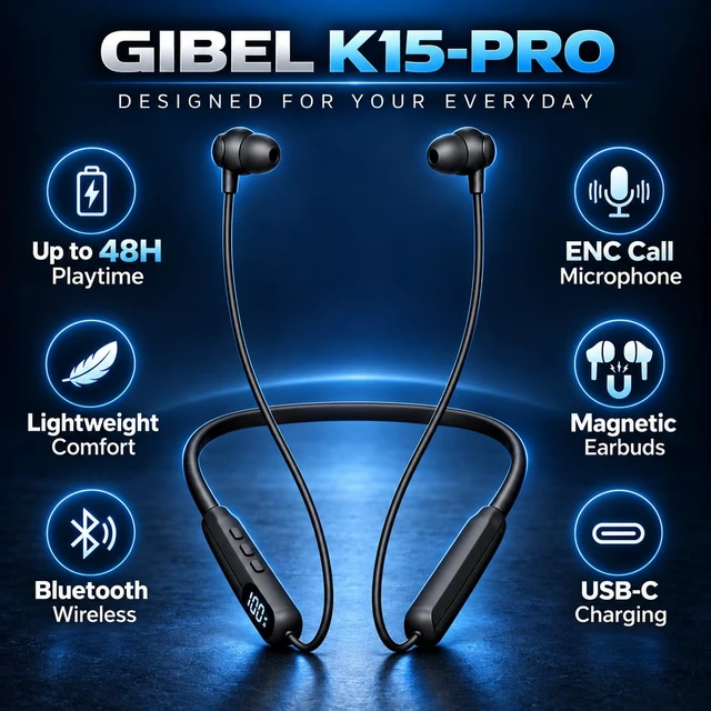 Alt view image 4 of 7 - Gibel K15-PRO Wireless Neckband Headphones, Black | 48H Battery life ,NC Noise-Canceling Call Mic Quality, Fit Designed for Long Shifts in Warehouse, Sports, Work, and Travel.