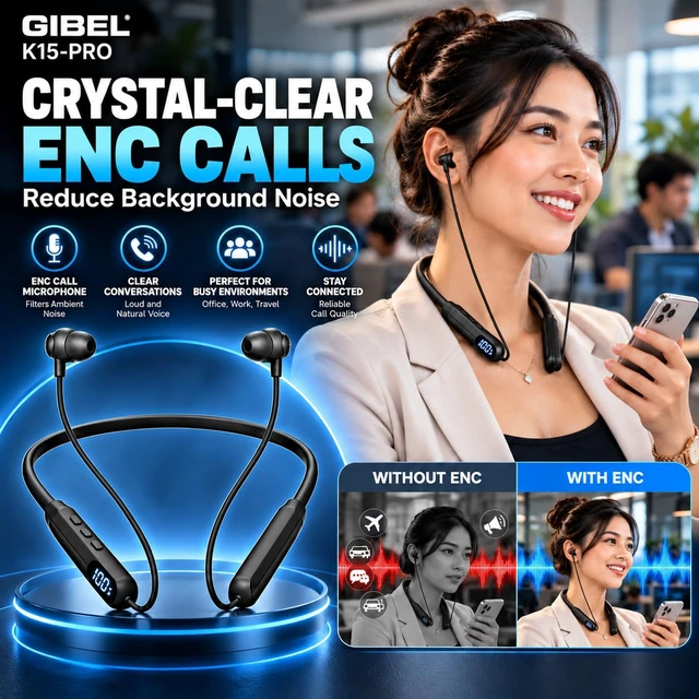 Alt view image 7 of 7 - Gibel K15-PRO Wireless Neckband Headphones, Black | 48H Battery life ,NC Noise-Canceling Call Mic Quality, Fit Designed for Long Shifts in Warehouse, Sports, Work, and Travel.