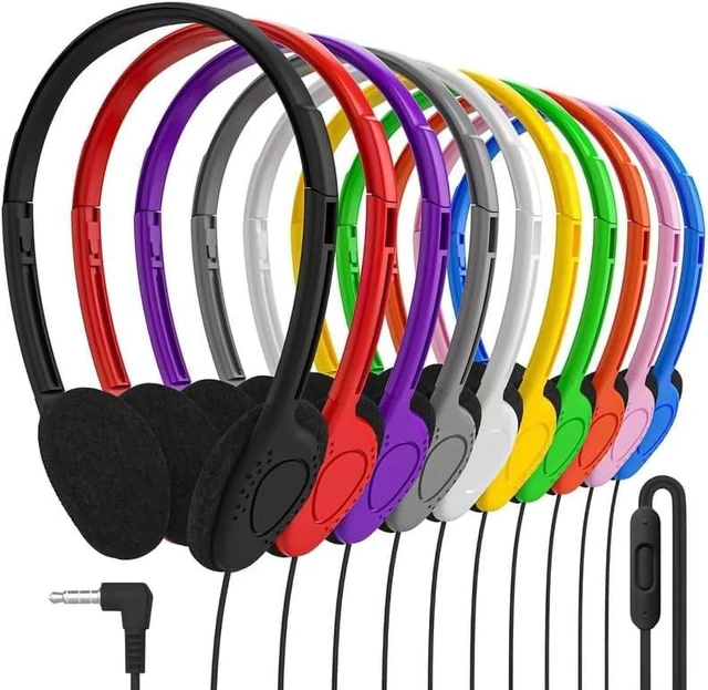Main image of Maeline Bulk Classroom Student Headphones with Microphone, On Ear Stereo Headphones with Mic for Kids Online Learning, Library, School, Airplane, Travel - 3.5mm Plug - 10 Pack