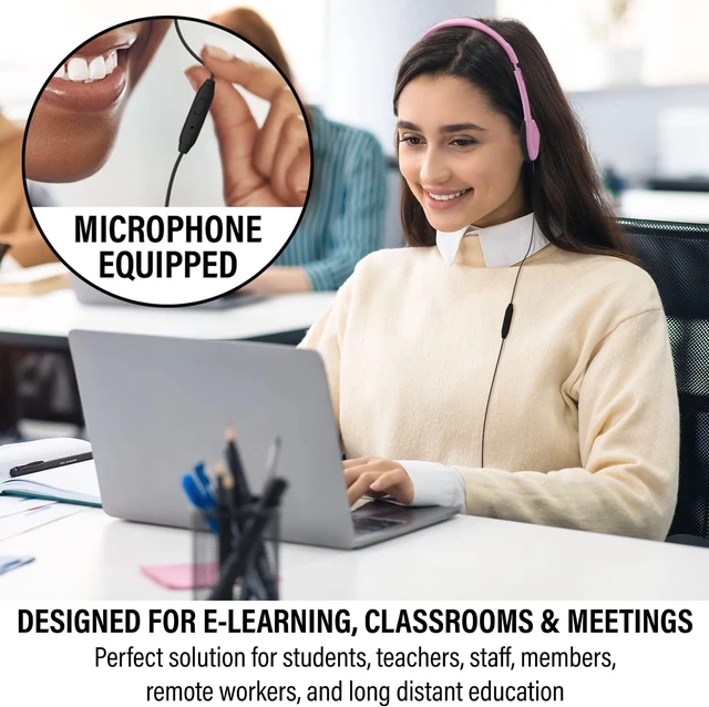 Alt view image 3 of 6 - Maeline Bulk Classroom Student Headphones with Microphone, On Ear Stereo Headphones with Mic for Kids Online Learning, Library, School, Airplane, Travel - 3.5mm Plug - 10 Pack