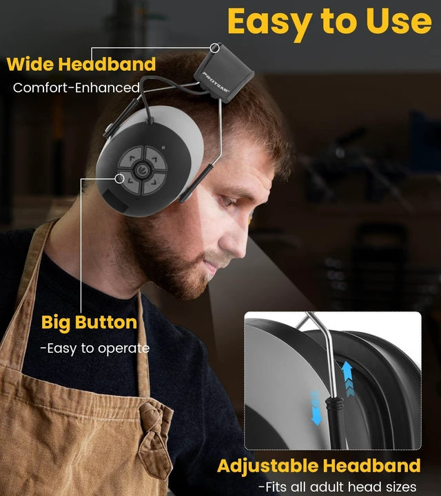 Alt view image 3 of 7 - PROTEAR Bluetooth 6.0 Hearing Protection 30dB SNR Earmuffs for Adults | Noise-cancelling headphones with 1200mAh rechargeable battery. For mowing, workshop, construction, studying, Gray-Gel Earpads