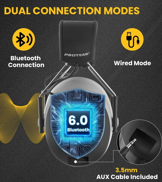 Alt view image 4 of 7 - PROTEAR Bluetooth 6.0 Hearing Protection 30dB SNR Earmuffs for Adults | Noise-cancelling headphones with 1200mAh rechargeable battery. For mowing, workshop, construction, studying, Gray-Gel Earpads