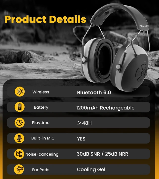 Alt view image 5 of 7 - PROTEAR Bluetooth 6.0 Hearing Protection 30dB SNR Earmuffs for Adults | Noise-cancelling headphones with 1200mAh rechargeable battery. For mowing, workshop, construction, studying, Gray-Gel Earpads