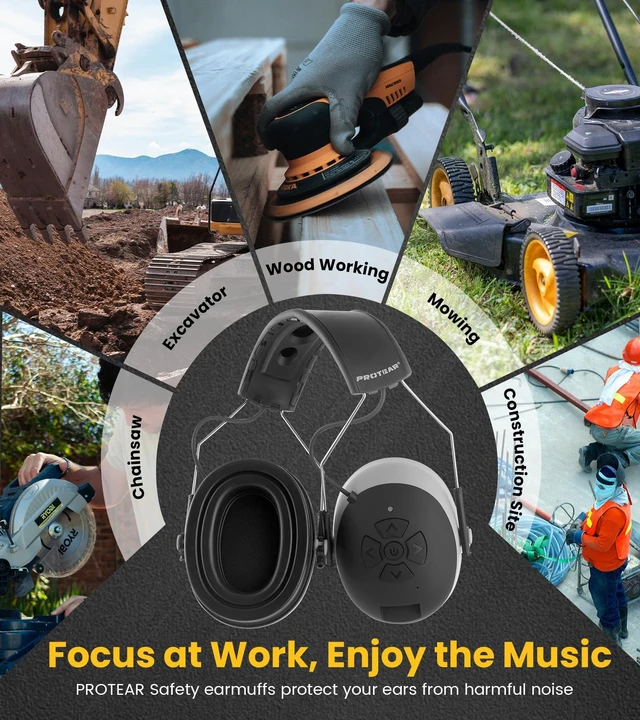 Alt view image 7 of 7 - PROTEAR Bluetooth 6.0 Hearing Protection 30dB SNR Earmuffs for Adults | Noise-cancelling headphones with 1200mAh rechargeable battery. For mowing, workshop, construction, studying, Gray-Gel Earpads