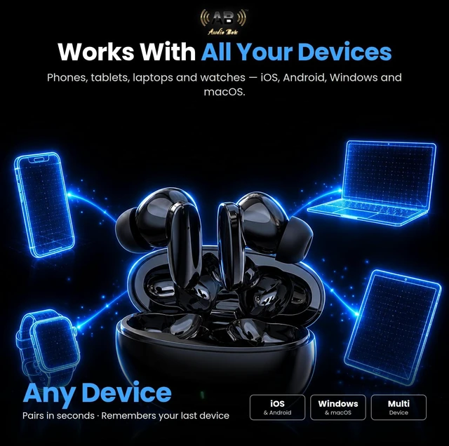 Alt view image 4 of 7 - Awdio Bots Everyday Series Wireless Earbuds, Bluetooth in Ear Headphones with Mic, Spatial Audio, Low Latency for Gaming, Long Battery Life 28H Playtime, USB-C Case, iPhone and Android, Black