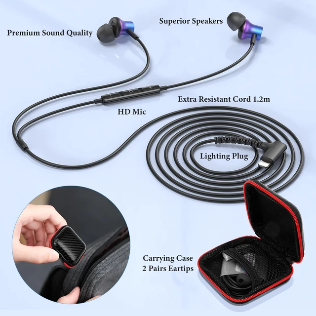 Alt view image 7 of 7 - Wired Headphones for iPhone 14 13 Pro MFi-Certified Lighting Purple | Cord Earbuds for iPhone 12 11 XS Max XR XS SE 8 Plus Right Angle Plug Magnetic Earphones Built-in Mic Volume Control Headset