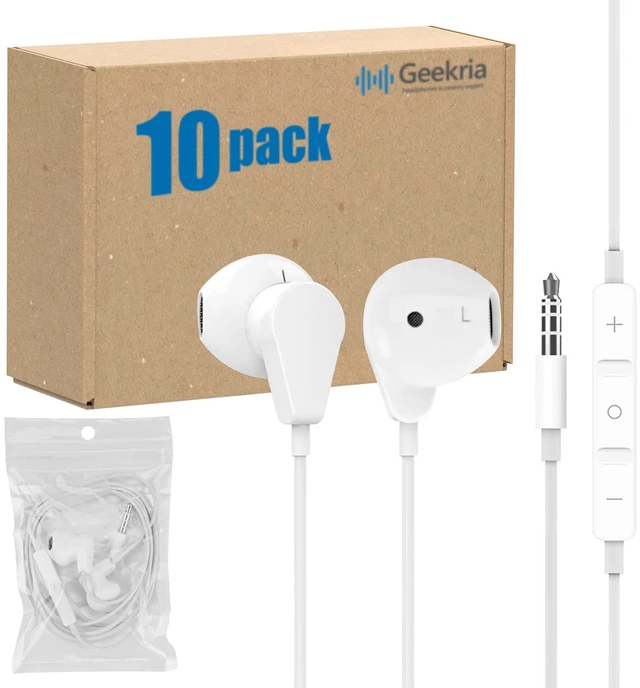 Main image of GEEKRIA Bulk Wired Earbuds 10 Pack, 3.5mm Stereo Headphones with Microphone & Volume Control, Semi in-Ear Earphones for Students, School, Office, Library, White