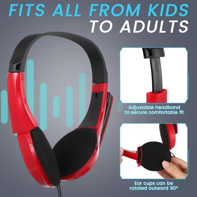 Alt view image 2 of 7 - 20 Pack Bulk Classroom Headphones with Microphone Wired, Multicolor | 3.5mm Universal Plug, School Library Computer Use, Adjustable Jack on Ear, Laptops Computer Use, Classroom Office Home Supply