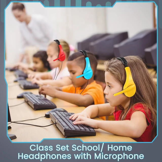 Alt view image 5 of 7 - 20 Pack Bulk Classroom Headphones with Microphone Wired, Multicolor | 3.5mm Universal Plug, School Library Computer Use, Adjustable Jack on Ear, Laptops Computer Use, Classroom Office Home Supply
