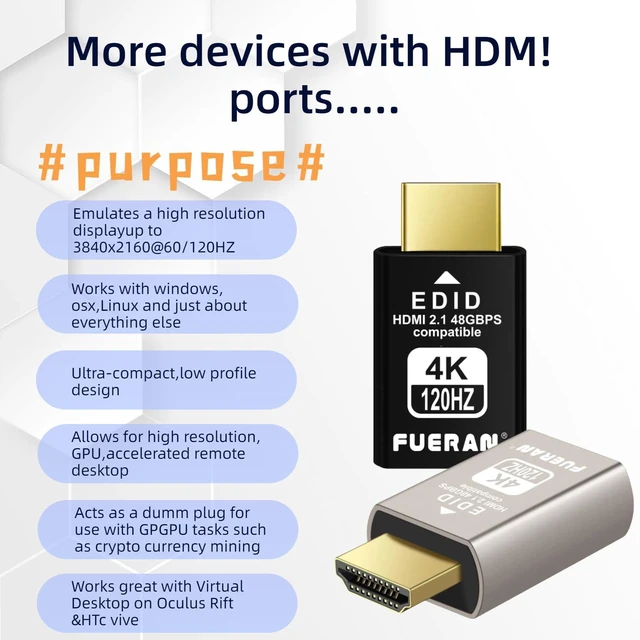Alt view image 3 of 6 - 4K 120Hz HDMI 2.1 Dummy Plug High-Resolution Virtual Display Emulator for PC, VR Headsets & Cryptocurrency Mining EDID Headless Ghost Display Adapter(4K-120Hz-2P)