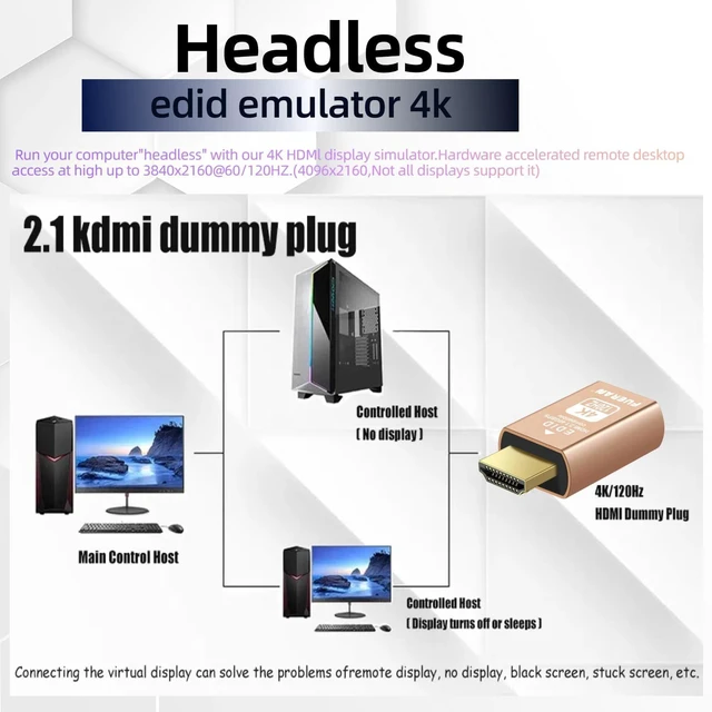 Alt view image 6 of 6 - 4K 120Hz HDMI 2.1 Dummy Plug High-Resolution Virtual Display Emulator for PC, VR Headsets & Cryptocurrency Mining EDID Headless Ghost Display Adapter(4K-120Hz-2P)