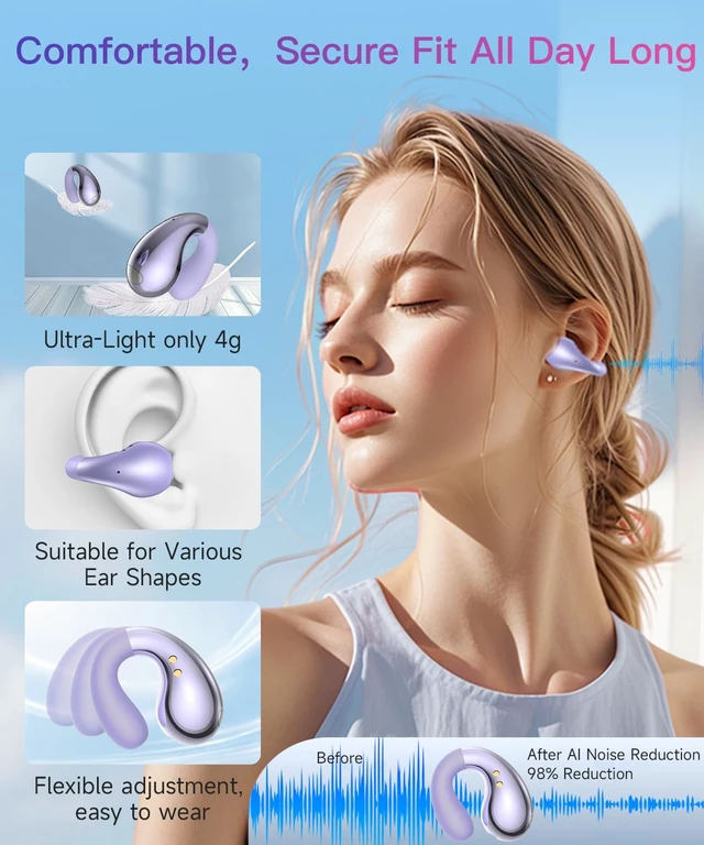 Alt view image 3 of 7 - Clip On Earbuds, Ultra Open Ear Earbuds with AI-Powered Clear Calls | Crystal-Clear Sound Comfortable Secure Fit Clip-On Bone Conduction Earbuds for Running, Outdoor Sports, Gym and Fitness
