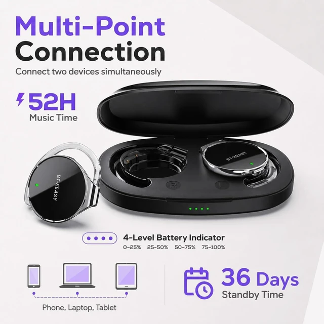 Alt view image 2 of 7 - Micool On Ear Bluetooth Headphones, Open-Ear Headphones Wireless with 4-Mic ENC for Crystal Clear Calls, 52H Total Battery, Dual Device, Sport Clip On Headset for Running & Travel (Pure Black)