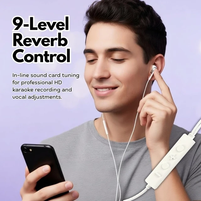 Alt view image 5 of 7 - EzKV Wired Karaoke Microphone Headset Built-in Sound Card Streaming, Singing & Recording Headphones with DSP Mic, Reverb Effects, Zero Latency, for iPhone, Android, USB-C & PC (White)