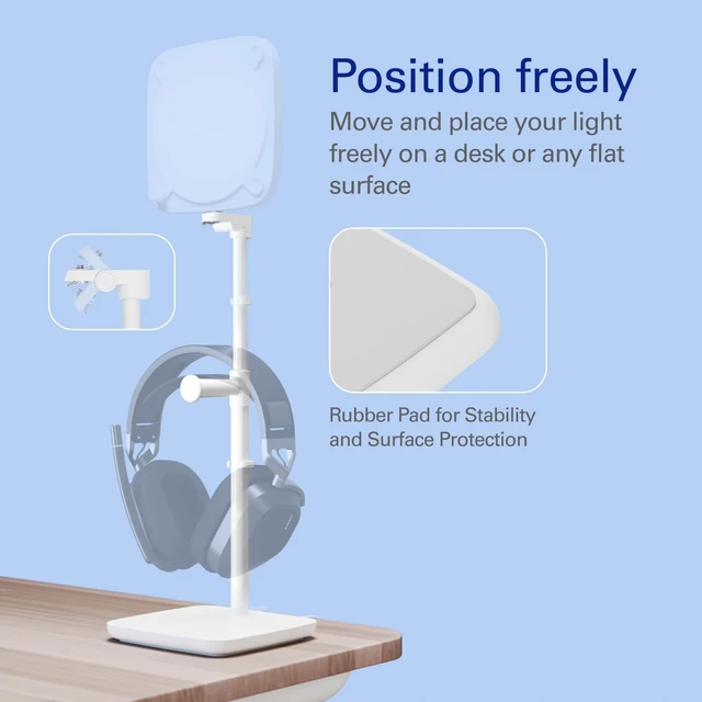 Alt view image 2 of 4 - Elgato Neo Stand, Desk Mount for Key Light Neo | Weighted base, Adjustable height and tilt, Integrated headset holder, Clean white finish