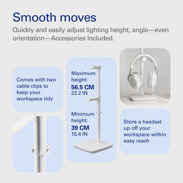Alt view image 3 of 4 - Elgato Neo Stand, Desk Mount for Key Light Neo | Weighted base, Adjustable height and tilt, Integrated headset holder, Clean white finish