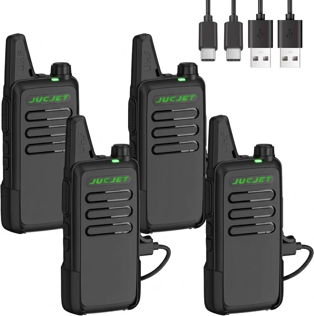 Main image of JUCJET F20 Compact FRS Walkie Talkies, 4 Pack Ready-to-Use Radios | compact lightweight design, ready to use, 1500mAh batteries, Type-C charging, VOX, up to 2W adjustable power, headsets