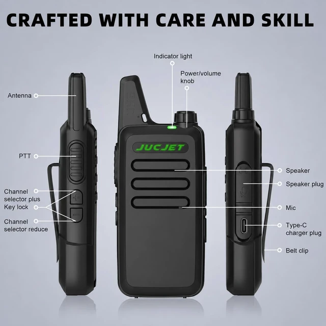 Alt view image 2 of 7 - JUCJET F20 Compact FRS Walkie Talkies, 4 Pack Ready-to-Use Radios | compact lightweight design, ready to use, 1500mAh batteries, Type-C charging, VOX, up to 2W adjustable power, headsets