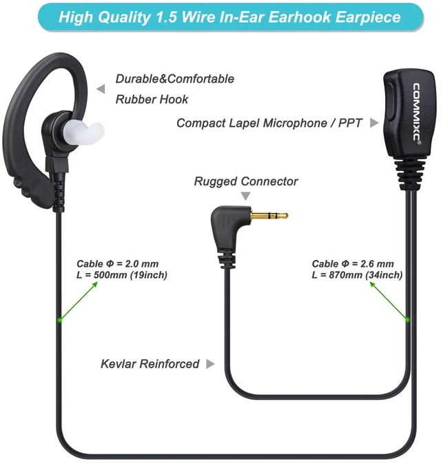 Alt view image 3 of 7 - 2-Pack Walkie Talkie Earpieces, 2.5mm 1-Pin Compatible with Mot Talkabout | Two Way Radio Headset with Mic PTT