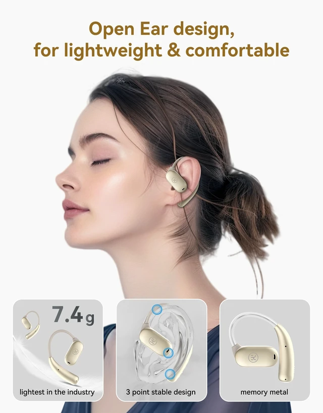 Alt view image 3 of 7 - Kinglucky Open-Ear Headphones with Ear Hooks Bluetooth Earphones with Microphone Call, Enc Noise Cancelling, with Smart Digital Display, Air Conduction Wireless Headset Running, Cycling, Driving