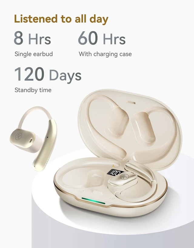 Alt view image 6 of 7 - Kinglucky Open-Ear Headphones with Ear Hooks Bluetooth Earphones with Microphone Call, Enc Noise Cancelling, with Smart Digital Display, Air Conduction Wireless Headset Running, Cycling, Driving