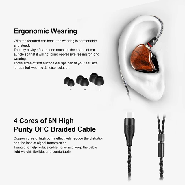 Alt view image 4 of 6 - DCMEKA Dynamic Banlance in-Ear Earphone 2DD HiFi Headset in Ear Monitors Headphones Wired Earbuds IEM Earphones Gaming EarbudsWood Type-C Without mic