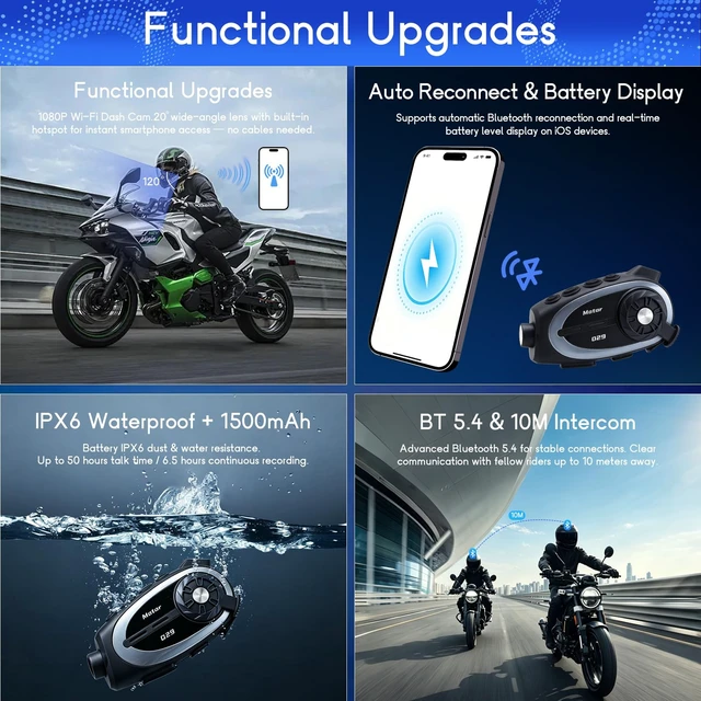 Alt view image 4 of 7 - Motorcycle Helmet Intercom with Camera Bluetooth 5.4 1080P IPX6,1500mAh | Voice Assistant,1600FT Intercom,Music Sharing,Bluetooth Intercom,Wireless FM Radio Communication Systems