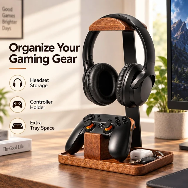 Alt view image 7 of 7 - Plehood Headphone Stand with Gaming Controller Holder | Headset Stand with Storage Base, Controller Stand Gift, Gaming Equipment Accessories for Desk