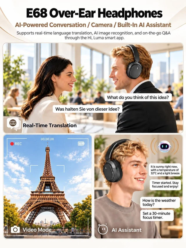 Alt view image 6 of 7 - E68 AI Translation Earbuds Real Time with Camera, Comfort Fit, Hi-Fi, | Hands-Free POV Camera, AI Translation & Smart Conversation, Wireless Bluetooth Sport Earphones with App for Running & Travel