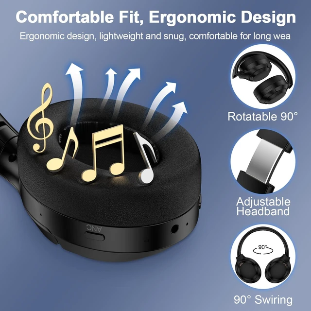 Alt view image 3 of 7 - Hybrid Active Noise Cancelling Bluetooth V5.4 Wireless Headphones with Mic | 40H Playtime, Hi-Res Audio, Deep Bass, Soft-Earpads, Fast Charging Headset for Travel Home Office