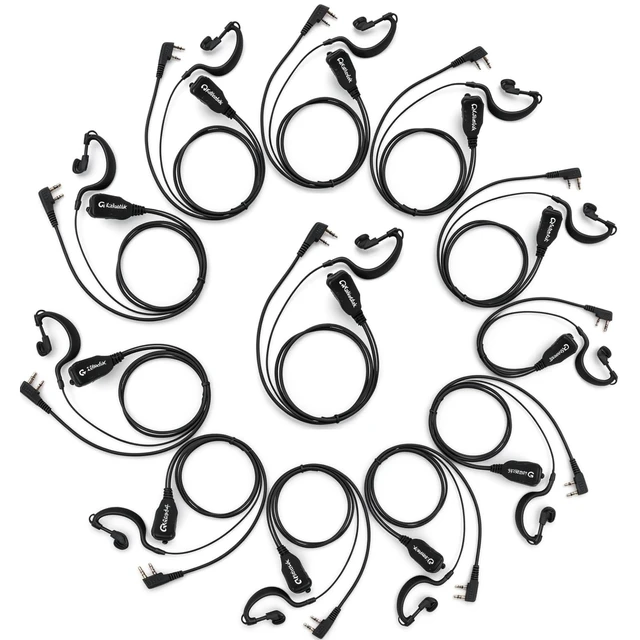Main image of Walkie Talkie Earpiece with Mic, 10-Pack G-Shaped Ear Hook Headset K-Type 2-Pin, Compatible with Baofeng UV-5R BF-888S Kenwood TK Retevis H-777 RT22 PXTON Wouxun Two Way Radio Team Bulk Pack