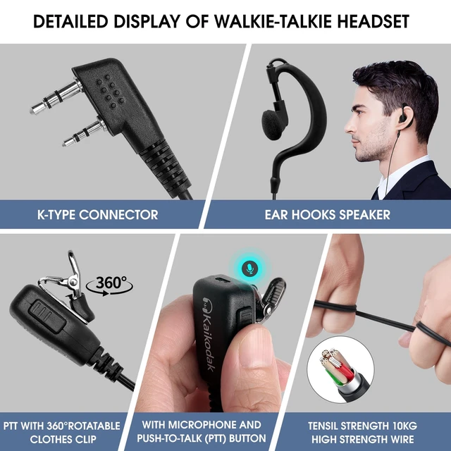 Alt view image 4 of 7 - Walkie Talkie Earpiece with Mic, 10-Pack G-Shaped Ear Hook Headset K-Type 2-Pin, Compatible with Baofeng UV-5R BF-888S Kenwood TK Retevis H-777 RT22 PXTON Wouxun Two Way Radio Team Bulk Pack