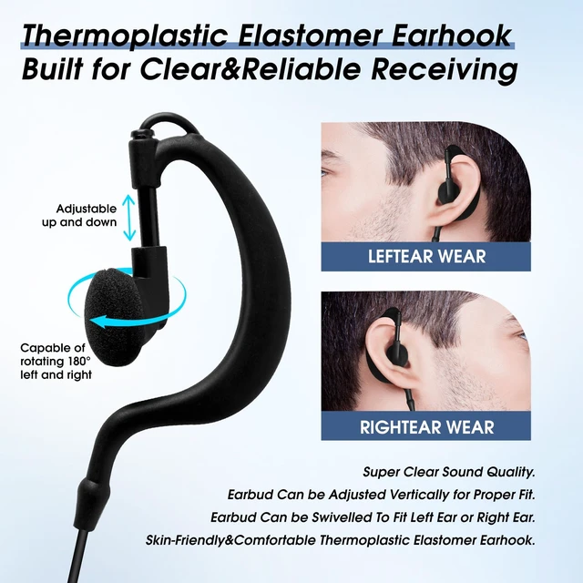 Alt view image 6 of 7 - Walkie Talkie Earpiece with Mic, 10-Pack G-Shaped Ear Hook Headset K-Type 2-Pin, Compatible with Baofeng UV-5R BF-888S Kenwood TK Retevis H-777 RT22 PXTON Wouxun Two Way Radio Team Bulk Pack