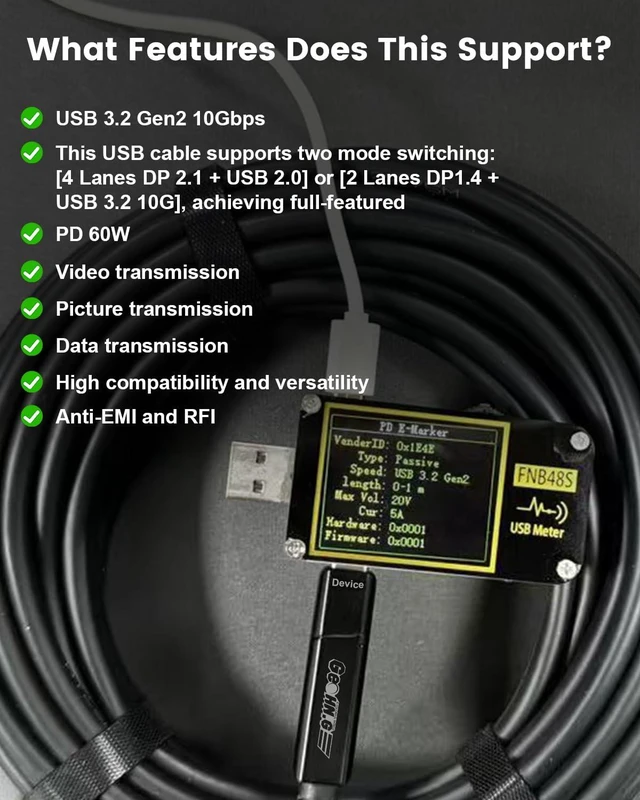 Alt view image 7 of 7 - GeoHN.G Full-Featured Fiber Optic USB C to USB C Cable 10M/33FT, 10Gbps 4-Lanes Long Distance USB 3.2 Video Cable with PD 60W for VR Headsets/AR, Webcam, Laptop, Camera, Mini PC and Video Conference