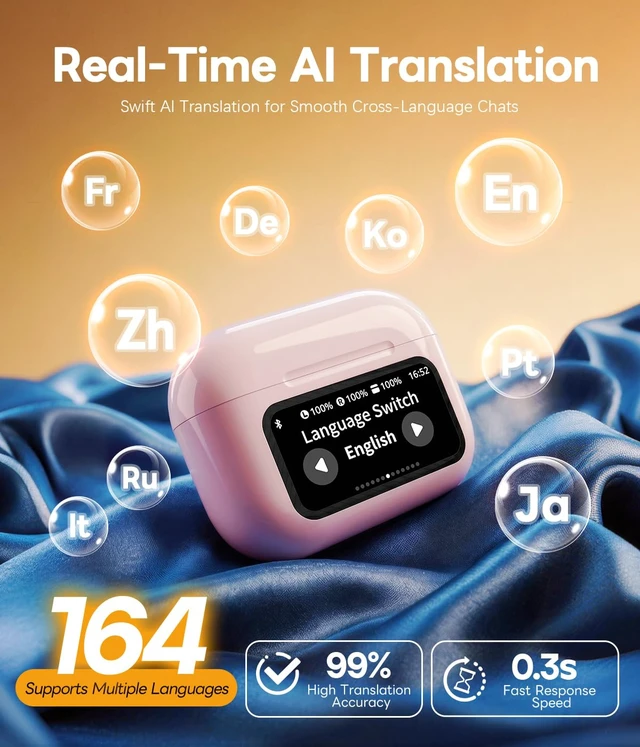 Alt view image 2 of 6 - AI Real-Time Translation Wireless Bluetooth Headphones,Portable Noise Cancelling Earbuds with Built-in Translator for Travel Business Meetings, Long Battery Life Earphones Compatible,iOS/Android(pink)