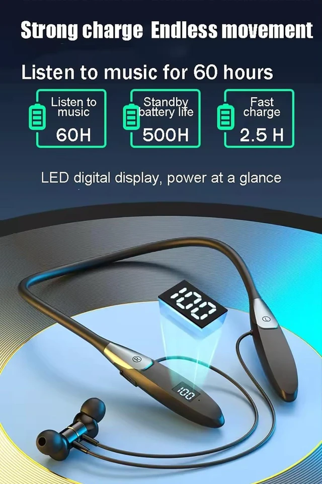 Alt view image 4 of 7 - Neckband Bluetooth Headphones 60H Music Time Wireless Stereo Neckband Earbuds Bluetooth 5.3 LED Digital Display ENC Call Noise Cancellation Silicone Collar in Ear Headset for Sports/Workout Grey